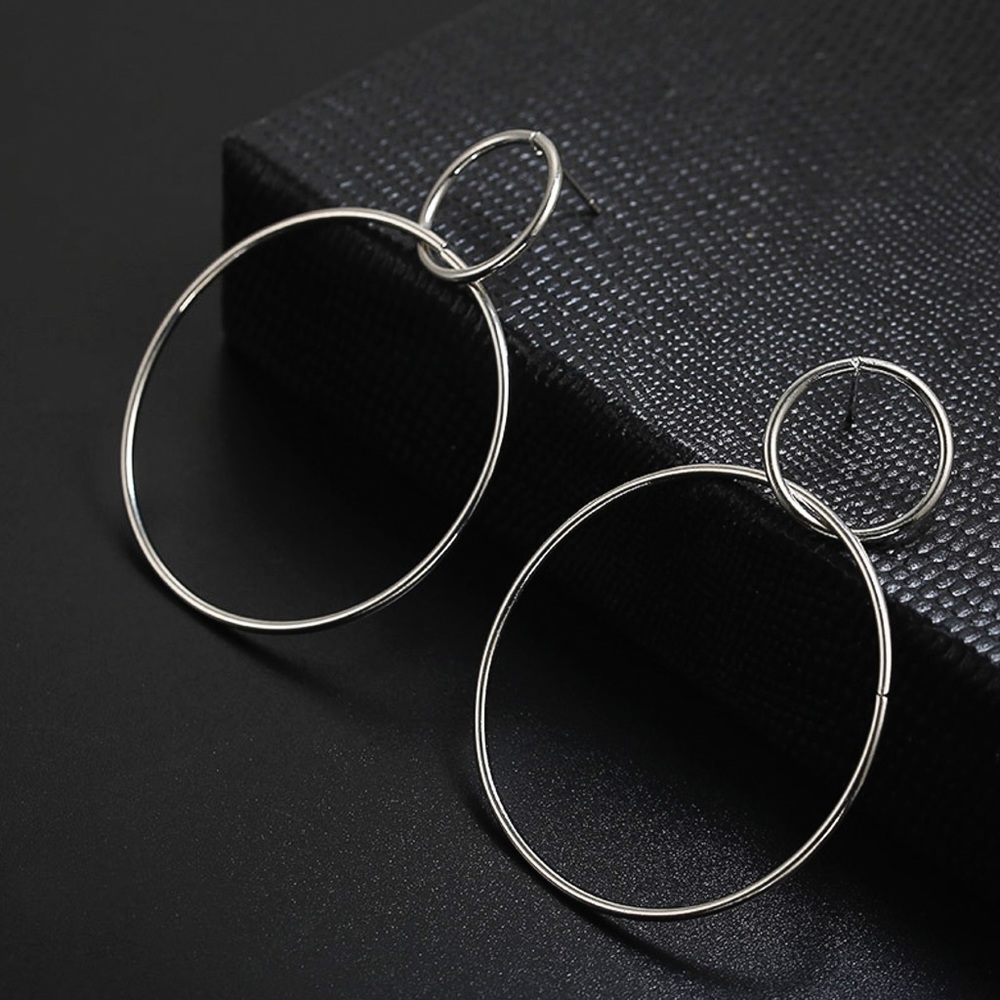 Any 2/$20! Silver Connected Hoop Circle Earrings - Picture 3 of 8